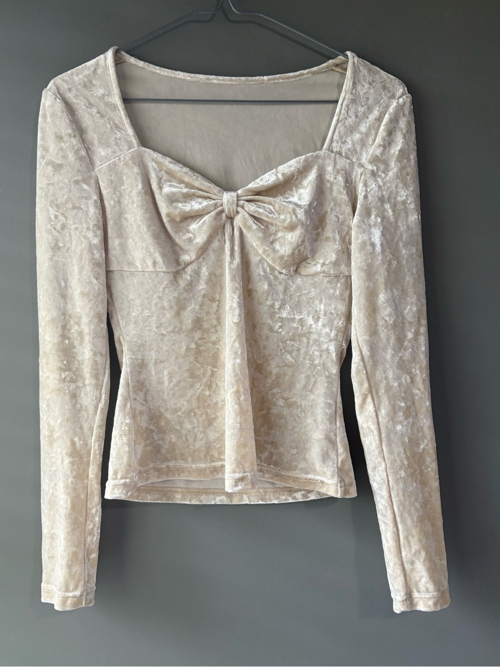 Garbociaga Cream Crushed Velvet Bow Top Long Sleeve Coquette Size S